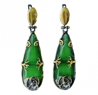 Green Sapphire Earrings with Tree & Flower Accent