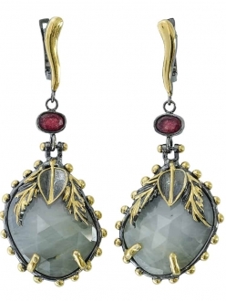 Green Quartz and Ruby Earrings with Gold Leaf Accent
