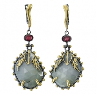 Green Quartz and Ruby Earrings with Gold Leaf Accent
