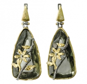 Black Smokey Crystal Earrings with Gold Flower Accent