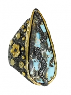 Turquoise Teardrop Ring with Snakes & Flowers