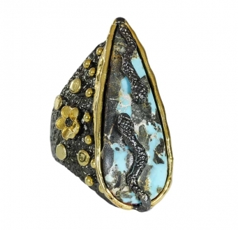 Turquoise Teardrop Ring with Snakes & Flowers