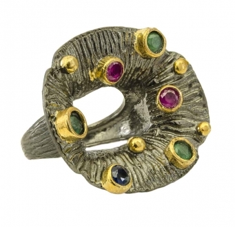 Silver Flower Ring with Ruby, Emerald & Sapphire Stones