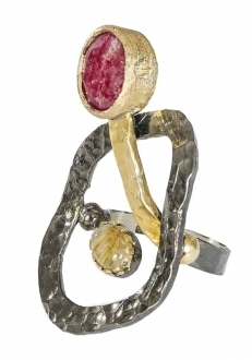 Modern Ring with Raw Ruby & Quartz