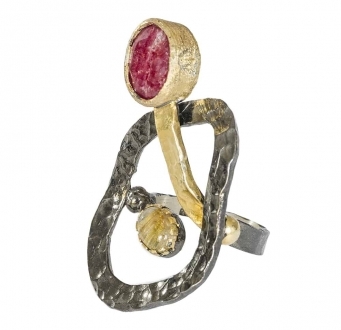 Modern Ring with Raw Ruby & Quartz